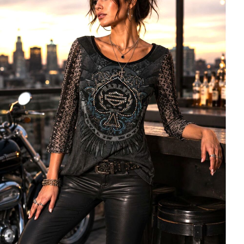 Harley Davidson Rhinestone Burnout Open Back Biker Top Y2K Rocker M